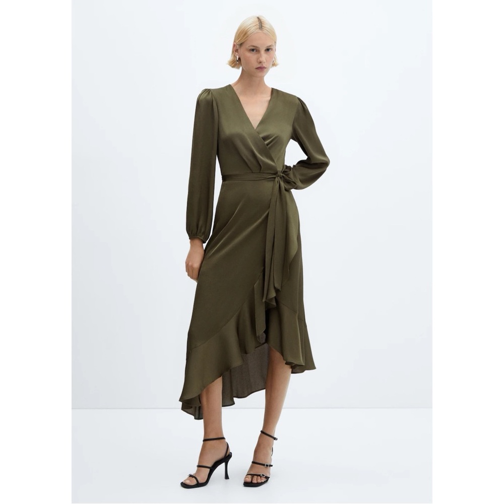 Mango MNG Wrap Dress Olive Green Satin Ruffle Maxi Medium M 6 Fairytale Romantic